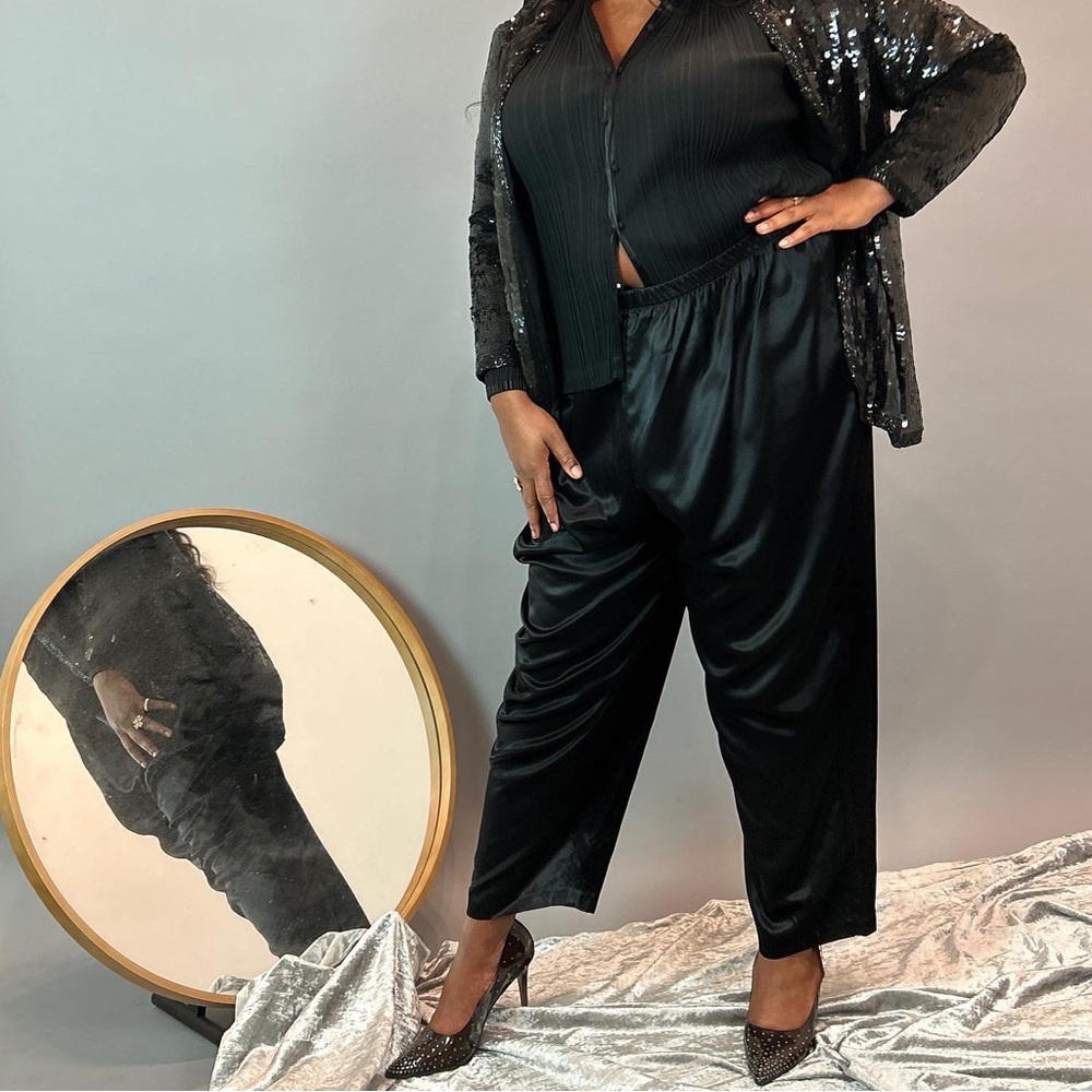 Vintage 90s Black Satiny Formal Stretch Waist Trousers • Plus Size: 24 • 2X 3X